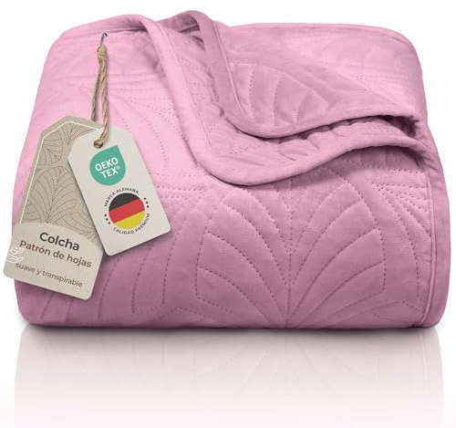 Gräfenstayn copriletto trapuntato matrimoniale 200x220 cm estivo in poliestere – certificato OEKO‑TEX, antigualcitura, decor foglia – elegante coperta letto & sofà (rosa scuro)