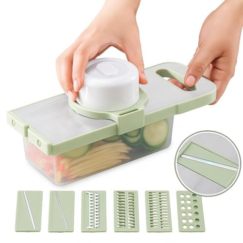 Nimba Mandolina de Cocina 6 en 1 – Cortador de Verduras Multifuncional con Recipiente | Juliana, Rodajas y Rallador | Cuchillas de Acero Inoxidable + Protector de Manos | Mandolina para Verduras