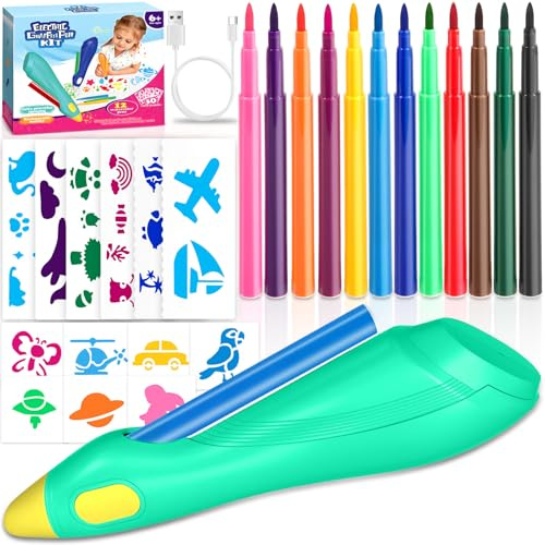 ZZXLOPEZ Kit Aérographe Électrique pour Enfants, Airbrush Set pour Enfants avec 12 Feutres et 30 Pochoirs, Aérographe Électrique Set Fille 6 7 8 9 10 Ans, Stylos de Peinture Lavables pour Art (Cyan)