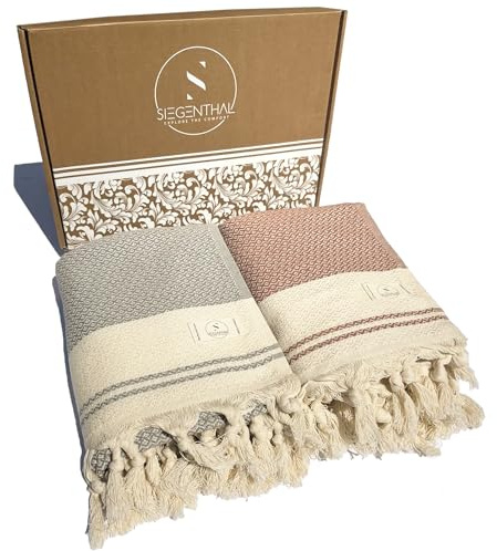 SIEGENTHAL® Hamamtuch 2er Pack – Leichtes Strandtuch & Saunatuch aus 100% recycelter Baumwolle – Schnell Trocknend, Groß & Weich – 90cm x 200cm – Ideal für Strand, Sauna, Yoga, Picknick – Grau & Rot