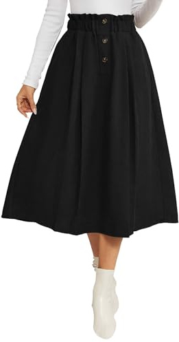 IDEALSANXUN Corduroy Skirt Women 2026 Fall Winter Elastic High Waisted A Line Pleated Midi Skirt with Pockets, Black, S