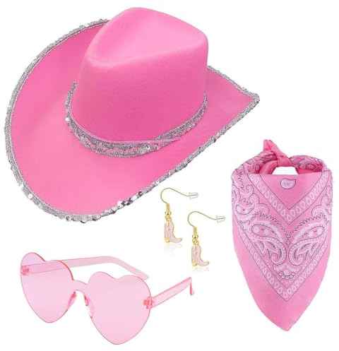 NTEVXZ Set Cappello da Cowgirl, Cappelli Cowboy Set da 4, Cappello da Cowboy Western Rosa, Include Occhiali Sciarpa Orecchini Adatto per Halloween Carnevale Giochi di Ruolo -4PCS