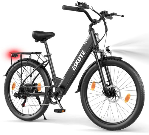 ESKUTE C100 Plus Bicicleta Eléctrica Adultos 26, Bici Eléctrica con Motor Trasero 250W, Batería Extraíble 36V 13Ah, 7 Velocidades, Velocidad Máx 25km/h, Pantalla LCD, Cuadro Bajo, Hombre y Mujer