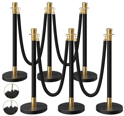 6 Pack Black&Gold Stanchions and Velvet Ropes Set, Stainless Steel Crowd Control Barriers, 4Pcs Black Ropes and Poles for Party Supplies,Photobooth Accessories, Prom,Birthday,Business,Wedding, Museums