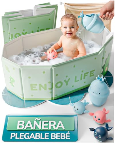 BabyBebloo Kit Bañera Plegable Bebe - Bañera Portátil Bebé con Jarra, Bolsa y Accesorios - Bañera Bebé Grande Antideslizante - Plegable Viaje o Plato Ducha - Color Verde