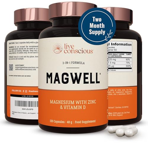 Live Conscious MagWell Magnesium Supplement with Zinc & D3 - Complex with Bisglycinate, Citrate, Malate - High Strength for Sleep - 120 Capsules