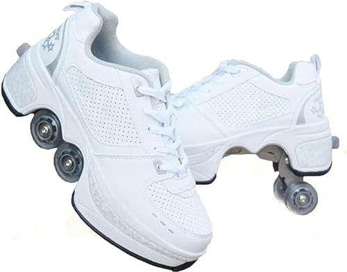 ZZ Inline-Skate Rollschuh Roller Skates Lauflernschuhe,Sneakers,2in1 Mehrzweckschuhe Schuhe Mit Rollen Skateboardschuhe,Inline-Skate,Verstellbare Quad-Rollschuh Stiefel Skateboardschuhe,White-EU39