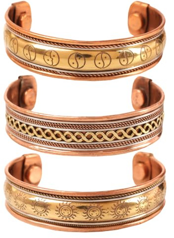 Touchstone Copper magnetic healing bracelet Tibetan style. Hand forged with solid and high gauge pure copper. Set of 3 different designs in 3 metals.