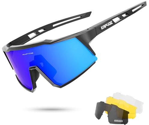 KAPVOE Polarisiert Fahrradbrille mit 4 wechselgläser TR90 Rahmen für Herren Damen Sport Radfahren MTB Sportsonnenbrille Radbrille Sportbrille Fahren Angeln Baseball Laufen Blau Schwarz 02