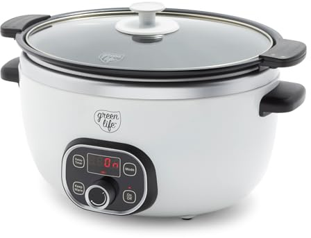 GreenLife 6QT Slow Cooker, Non-Toxic PFAS-Free Ceramic Nonstick Removable Interior Bowl, Programmable, Family Friendly, Keep Warm, Stovetop & Oven Safe, Dishwasher Safe Crock, Timer, Glass Lid, White
