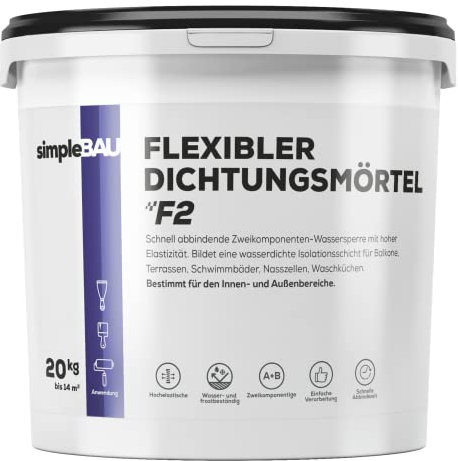 simpleBAU Schnell abbindender flexibler Abdichtungsmörtel F2 20 KG Zweikomponentiger wasserstop flexibler Mörtel. Frostsichere Abdichtungen für Balkone Terrassen Schwimmbäder Kellerbäder Gebäude
