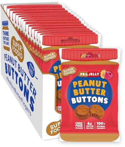 SUPERFOODIO Peanut Butter Buttons | PB&J Flavour | Vegan & Low Carb | All-Natural | Protein | No Refined Sugar (20g x15 Packs)