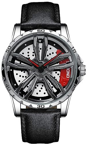 RORIOS Herrenuhr Auto Rad Felgennabe Analog Quarz Armbanduhr - Mode Sport Uhr 3ATM Wasserdicht Männer Skelett Mit Leder Armband