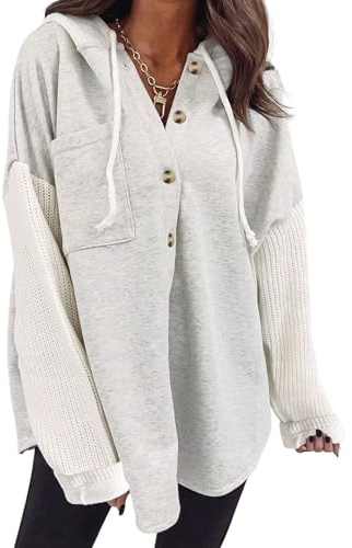 SHEWIN Womens Oversized Sweatshirt Hoodies Casual Long Sleeve Solid Button Down Hooded Jackets for Women Casual Fall Outfits with Pockets 2026 Size L, Grey