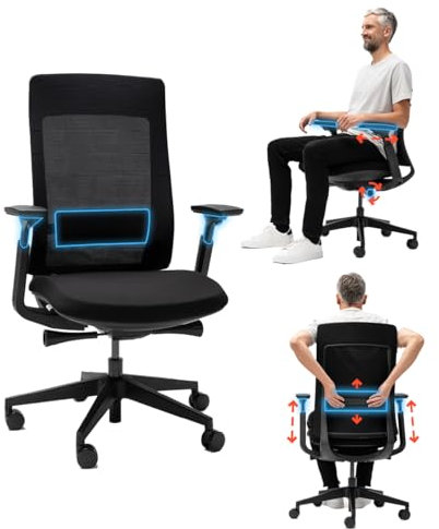 Yaasa Chair Essential Bürostuhl Ergonomisch Schwarz – Verstellbarer Schreibtischstuhl mit Lordosenstütze & 3D-Armlehnen – Drehstuhl für gesundes Sitzen im Home Office & Büro – Belastbar bis 130kg