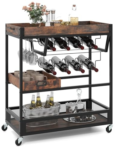 COSTWAY Serving Trolley on Wheels, 3-Tier Rolling Bar Cart with Removable Tray, Wine Rack & Glass Holder, Industrial Drinks Storage Trolley for Home Kitchen (with Removable Middle Tray, 86x40x90cm)