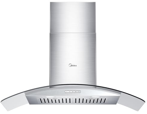 Midea MVG30W8AST 30 Inches Ducted Wall Mount Vent Range Hood with 450 CFM 3 Speed Exhaust Fan, Baffle Filters, Curved Glass, 2 LED Lights, Convertible to Ductless, Stainless Steel