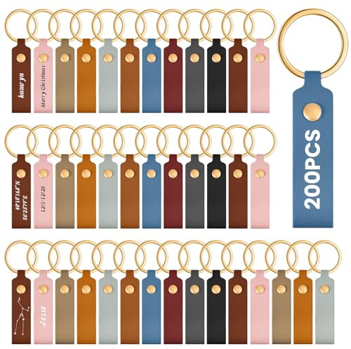 Wavyknot 200 Pcs PU Leather Keychain Blanks Bulk Laser Engraving Blanks Keychain Kit with Key Rings for DIY Key Chains Craft (3.7 x 0.7 Inches,Classic Colors)
