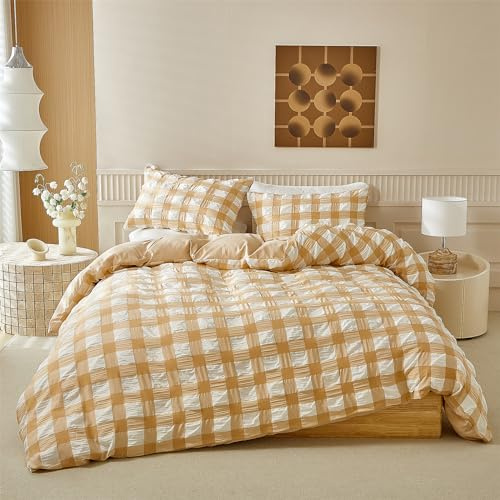 YASMENG Seersucker sängkläder 200 x 220 beige vita rutiga sängkläder Seersucker moderna sängkläder i 3 delar mjukt ventilerande mikrofiberpåslakanset med dragkedja och 2 örngott 80 x 80 cm