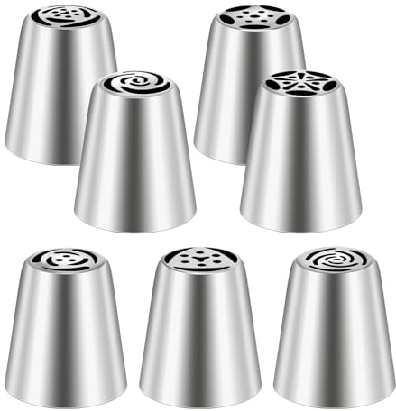 7 Pcs Piping Tips Round Hole Cake Frosting Nozzles Set Stainless Steel Cupcake Decorating Tool Russian Pastry Icing Dispensers for Baking Cookies Puff Cream Bag Filler (Russian medium)