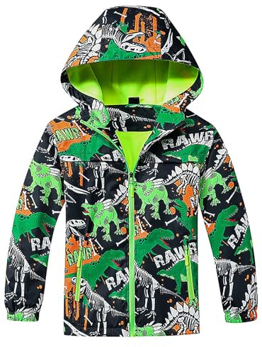 FILOWA Raincoat Boys Kids Waterproof Jacket Fleece Lined Rain Jacket with Hood Rainwear Dinosaur Rain Coat Windbreaker Spring Autumn Winter Hiking Camping Outdoor Coat for Children 5-6 years, Green