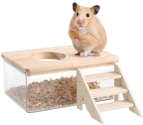 POPETPOP Transparent Hamster Bathroom Sand Bath with Ladder and Ventilated Lid Small Pet Habitat Accessory for Hamsters Gerbils Chinchillas Encouraging Natural Behavior