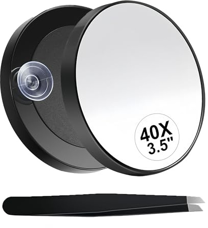 Jyinelx 1 Set of 40x Magnifying Mirror (with Suction Cup and Tweezers), 8.8cm Small Magnifying Mirror, Makeup Mirrors for Precise Makeup and Eyebrow Shaping (Black)