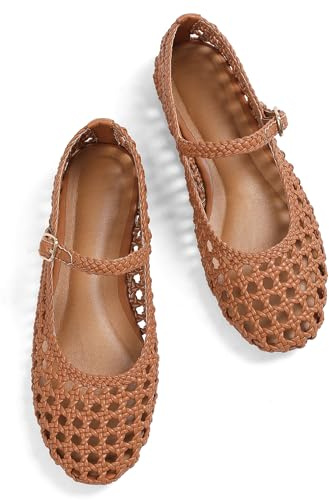 Brown Woven Ballet Flats for Women Round Toe Mesh Flats Buckle Strap Flat Shoes Comfortable Mary Jane Dressy Mesh Shoes Casual Ballerina Mary Janes Size 6