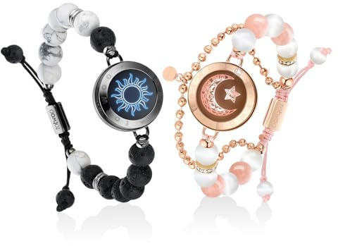 TOTWOO Pulseras táctiles de larga distancia con función de vibración, joyas inteligentes para él y ella, pulseras a juego para parejas con patrón de sol y luna, par uno a uno a través de Bluetooth
