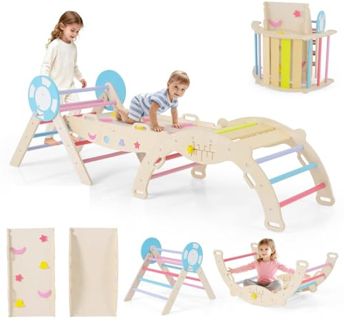 GOPLUS 7-i-1 färgglad Montessori klättertriangel, klätterset för småbarn med nautiskt tema, ramp, båge och vikbar triangel, inomhus, trä, baby, triangel, klätterlekplats, klätterställning för barn