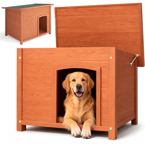BAKAJI Cuccia per Animali Domestici in Legno di Cipresso, Casetta per Cani e Gatti con Tetto Apribile, Casa da Esterno ed Interno Resistente Alle Intemperie con Tettoia Asfaltata, 116 x 79 x 81 cm