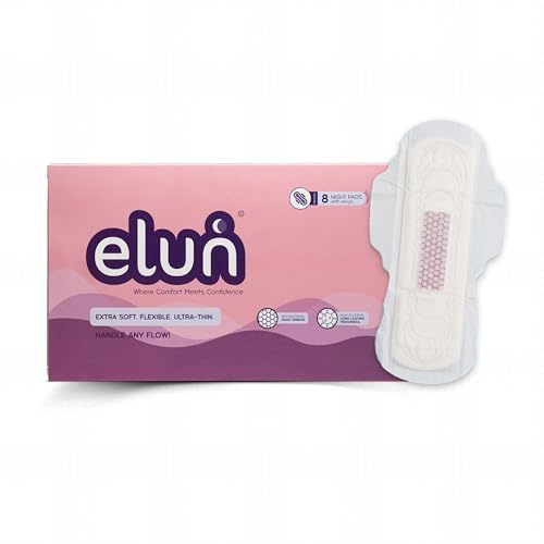 Elun Sanitary Pads | Anti-Bacterial Nano Ribbon | 8 Night Mini Pack | Comfort Pads for Sensitive Skin | Rash Free & Gentle Protection | 320mm Thin Pads