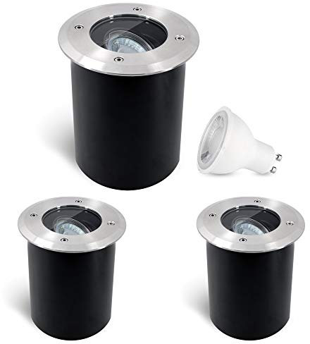 SSC-LUXon 3 Stück JUAVI Bodeneinbaustrahler GU10 IP67 schwenkbar - mit LED GU10 6W warmweiß 230V - Bodenspot außen befahrbar