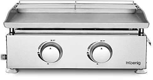 H.Koenig Plancha de asar a gas PLX920 2 quemadores U Acero inoxidable, Alimentación de gas propano o butano, Distribución uniforme del calor, Temperatura regulable hasta 350°C, Pies antideslizantes