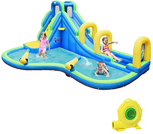RELAX4LIFE Scivolo Gonfiabile Acquatico, 477,5 x 366 x 242,5CM, Parco Acquatico Gigante, Gioco Gonfiabile ad Acqua in Tessuto Oxford Durevole, Castello Gonfiabile con Scivolo Lungo (Con soffiatore)