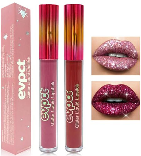 Likesing 2 Pezzi Rossetto Lunga Durata Set Lucidalabbra Rossetti Kit Labbra Opaco Glitter Liquido Volumizzante Matte Regalo Donna (2 Pezzi (1,2))