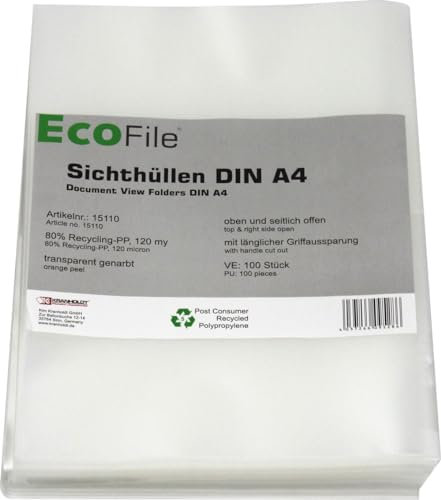 ECOfile Sichthüllen Aktenhüllen A4 / 100 Stück/nachhaltig aus Post-Consumer-Recycling PP 120 my transparent, oben und seitlich offen (Transparent genarbt)