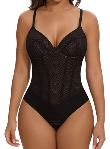 SHAPERIN Body Sculptant Femme Col en V Body Gainant Dentelle Bodysuit Corset Shapewear Camisole Gaine Amincissant Ventre Plat Noir XXL