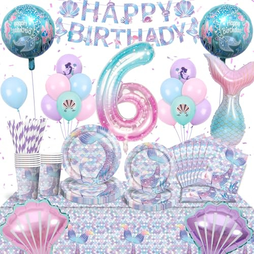 Sjöjungfru födelsedagsdekoration, sjöjungfru festservis set 6 år födelsedagsdekoration flicka barnfödelsedag dekoration babyparty dekoration flicka för 16 gäster