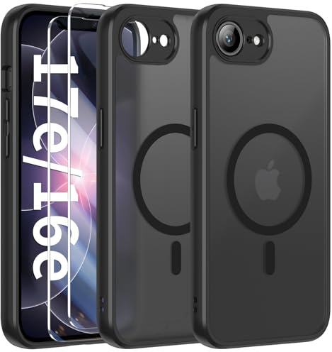 FLLAO Funda para iPhone 16e / iPhone 17e, Compatible MagSafe con 2 Piezas Protector de Pantalla Cristal Templado, Magnética Carcasa iPhone 17e / 16e Translúcida Mate Trasera Fina Antigolpes, Negro