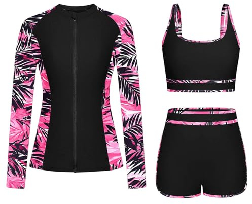 3-Piece Rash Guard Swimsuits for Women UV UPF 50+ Long Sleeve Wetsuit Swimming Costume Zip Boyshort Bikini Set Modest Swimwear Sun Protection Swim Shirt Bikini Tops Surfing Bathing Suit