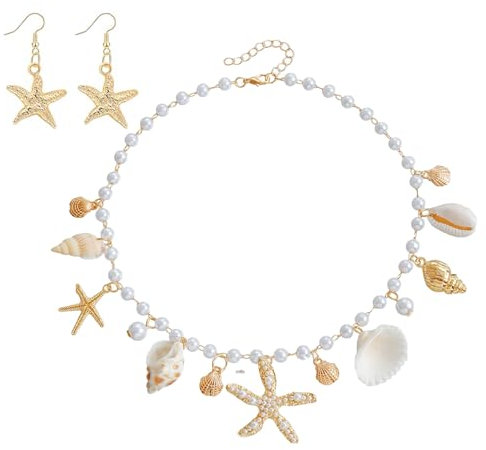 Carreneu Damen Meerjungfrau Schmuckset: Muschel Kette mit 1 Paar Seestern-Ohrringen für Karneval, Fasching, Strandparty