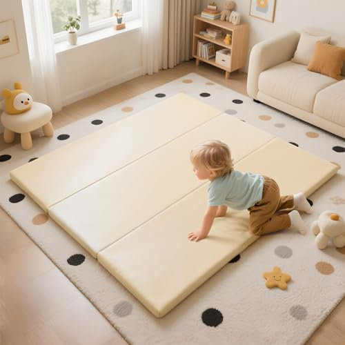 JungleDove Baby Foam Play Mat : 121x121 cm Foldable PU Leather Padded Playmat for Playpen Toddler Crawling - Thick Foam Floor Mat for Kids Indoor