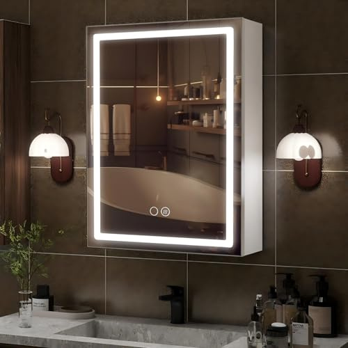 YU YUSING Badezimmer Spiegelschrank mit Beleuchtung Aluminium 50x70cm, LED Badezimmerschrank mit Spiegel 2 Steckdosen 3 Ablage, 3 Farbtemperatur Dimmbare, Beschlagfrei, IP54 Wasserdicht Badschrank