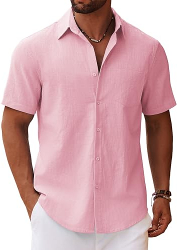 COOFANDY Chemise Manches Courtes Homme Chemise d'été en Lin avec Poche Poitrine de Plage en Coton Décontractée Vacances Rose L