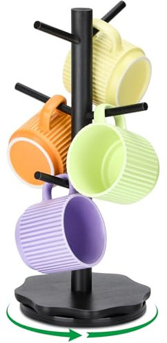 Euqvunn Porte-tasses pivotant à 360°, Support Tasse à Café en bois pour plans de travail, Support Tasse à base pétale épaissie, Arbre à tasse pour bar à café, Mug Tree avec 6 crochets-Noir