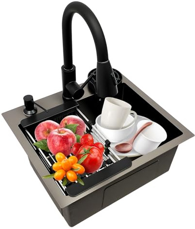 Granitdiskbänk 45 x 40 cm svart med kran, droppkorg, tvåldispenser och koppsköljare – inbyggd diskbänk från 45 cm underskåp – rektangulär diskbänk av rostfritt stål