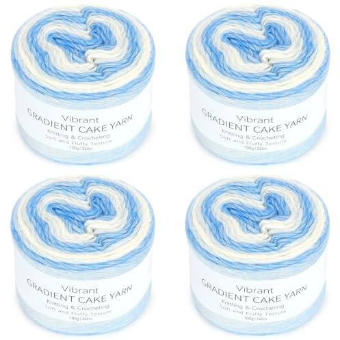 Coopay Filato gradiente di colore, 400 g (4 x 100 g), lana per uncinetto, filato a gradiente, super morbido, per lavorare a maglia, eleganti maglioni, sciarpe, blu e bianco