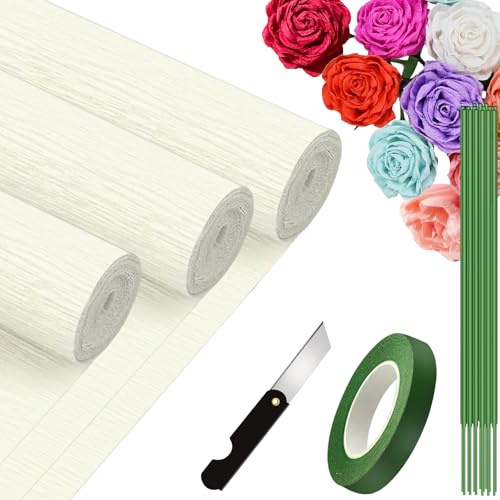 3 Rollos Papel Crepé 25x250cm, Papel Pinocho para Flores Hechas a Mano, Fiestas, San Valentín, Bodas Decorativo (Blanco)
