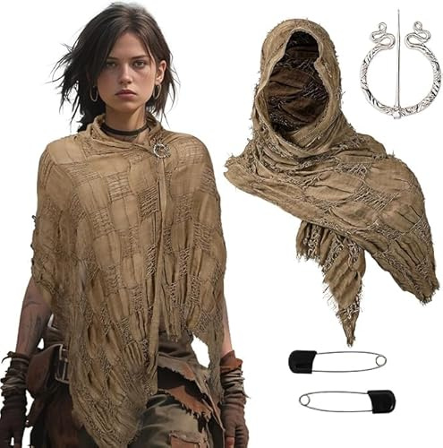 JIAHG Halloween Vintage Tattered Cotton Linen Hooded Shawl Wrap Distressed Patchwork Scarf Cloak with Pins & Brooch Grunge Ragged Poncho Cape for Men Women Costume Cosplay Festivals